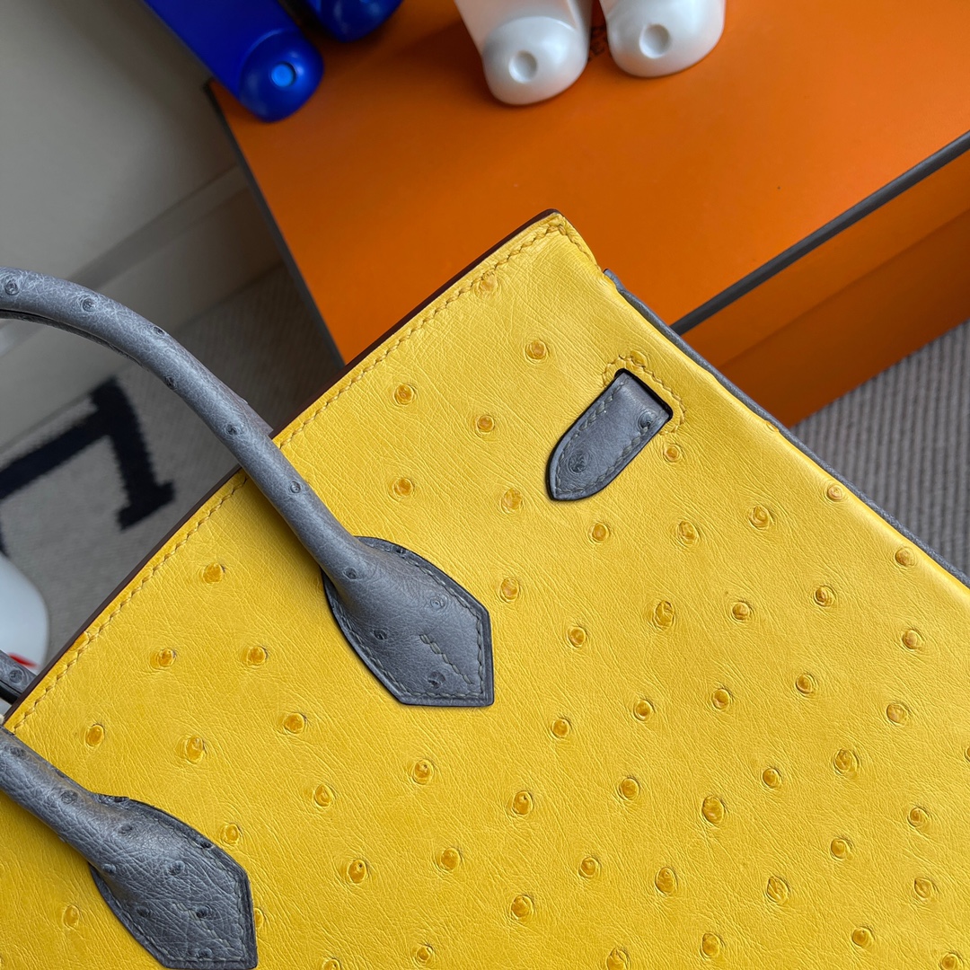 에르메스 버킨백25 앰버 옐로우 그레이 금장 타조가죽